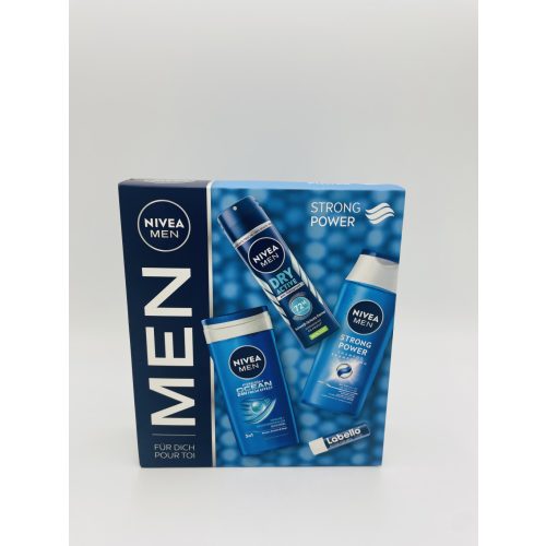 Nivea ajándékcsomag férfi Strong Power tusfürdő 250ml+ sampon 250 ml+deo 150ml+labello 5,5ml