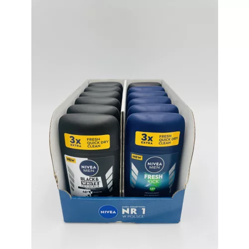 Nivea mix karton 12 darab férfi stift 50ml 7 db Black&White+5 db Fresh Kick