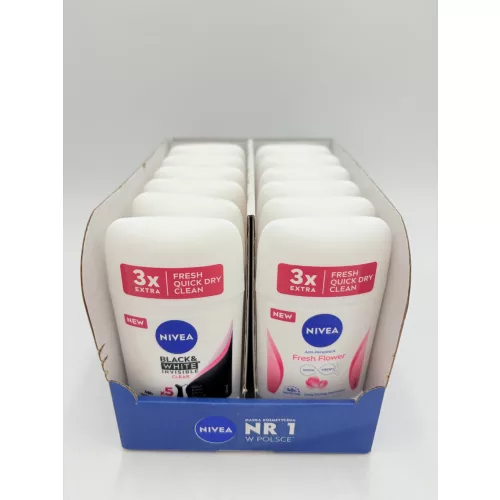 Nivea mix karton 12 darab női stift 50ml 6 db Black&White Invisible Clean+6 db  Flower Fresh